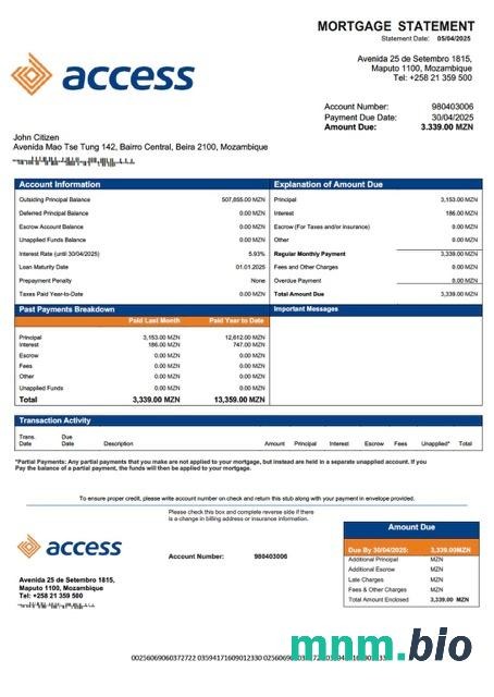 Mozambik Access Bank Mozambique wyciąg z kredytu hipotecznego szablon Word i PDF